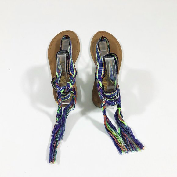 EUC  Braided Ribbon Ankle Tie Flat Thong Sandals - Picture 8 of 11
